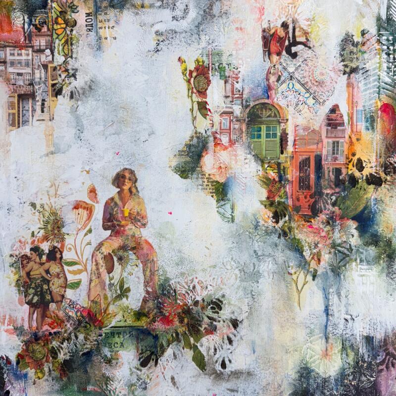 Peinture Les murmures des grandes dames par Bergeron Marie-Josée | Tableau Abstrait Acrylique Collage Posca Pastel Papier