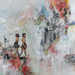 Peinture Plonger dans le vide par Bergeron Marie-Josée | Tableau Abstrait Acrylique, Collage, Papier, Pastel, Posca