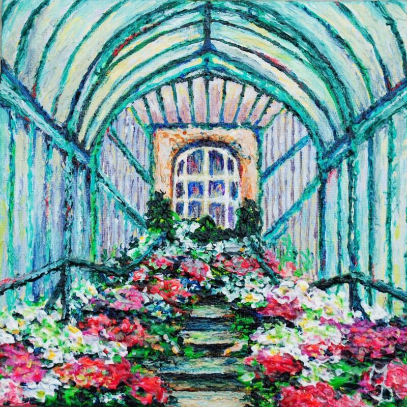 Peinture L'escalier fleuri des serres de Laeken par Mélanie Dubois | Tableau Impressionnisme Paysages Acrylique