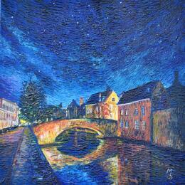 Painting Une Nuit à Bruges by Mélanie Dubois | Painting Impressionism Acrylic Landscapes