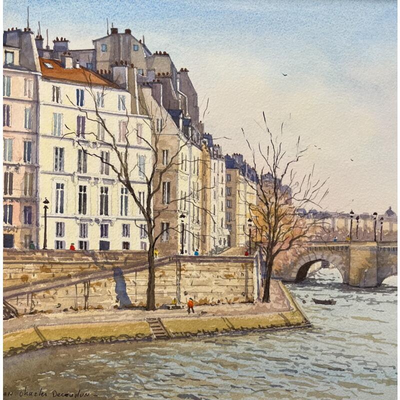 Painting Paris l'Île St Louis by Decoudun Jean charles | Painting Figurative Urban Watercolor