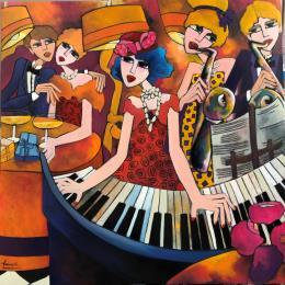 Painting Piano saxe et champagne by Fauve | Painting Figurative Acrylic Life style, Music