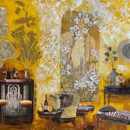 Peinture Le temps d’un soir  par Romanelli Karine | Tableau Figuratif Acrylique, Collage, Feuille d'or, Papier, Pastel, Posca Scènes de vie