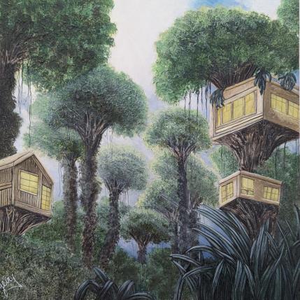 Peinture Cabanes dans les arbres Brésil par Geiry | Tableau Matiérisme Résine Paysages