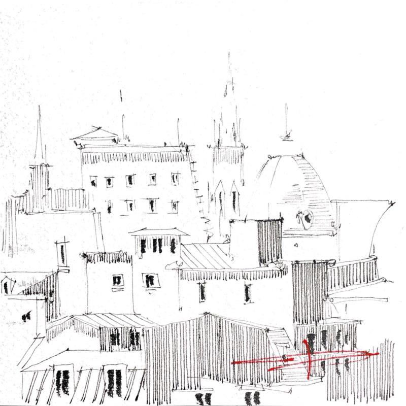 Peinture Aperçu des toits de Lille  par Bailly Kévin  | Tableau Figuratif Urbain Architecture Aquarelle Encre