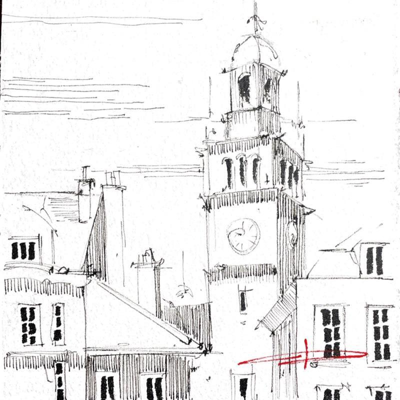 Gemälde les toits et Beffroi de Lille von Bailly Kévin  | Gemälde Figurativ Urban Architektur Aquarell Tinte