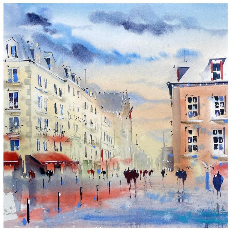Peinture Promenade sur la Grand Place de Lille  par Bailly Kévin  | Tableau Figuratif Urbain Architecture Aquarelle Encre