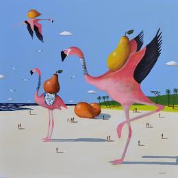 Peinture Flamants roses sur la plage par Lionnet Pascal | Tableau Surréalisme Acrylique Animaux, Marine, Natures mortes