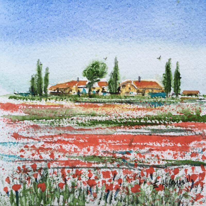Peinture Le Mas des coquelicots  par Hoffmann Elisabeth | Tableau Figuratif Paysages Nature Aquarelle