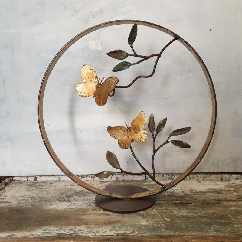 Sculpture 2 papillons avec feuilles vertes par Eres Nicolas | Sculpture Figuratif Animaux Métal