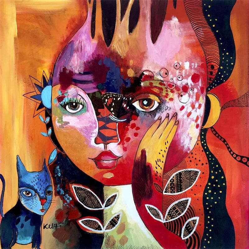 Gemälde Le chant de la lune von Ketfa Laure | Gemälde Art brut Alltagsszenen Acryl