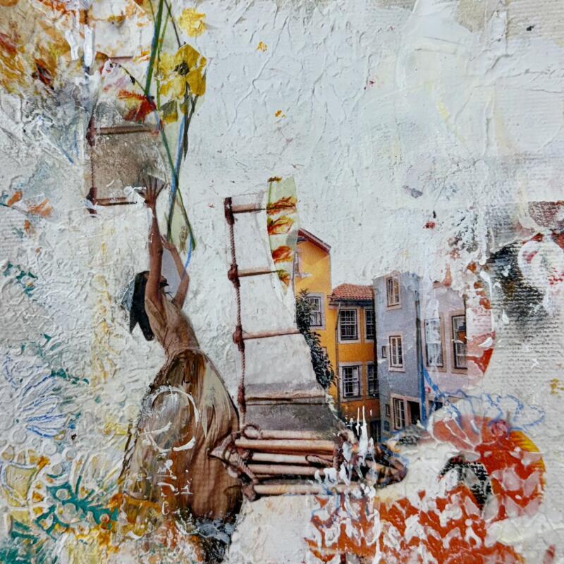 Painting The Ladder to the Future by Bergeron Marie-Josée | Painting Surrealism Oil Acrylic Gluing Posca Pastel