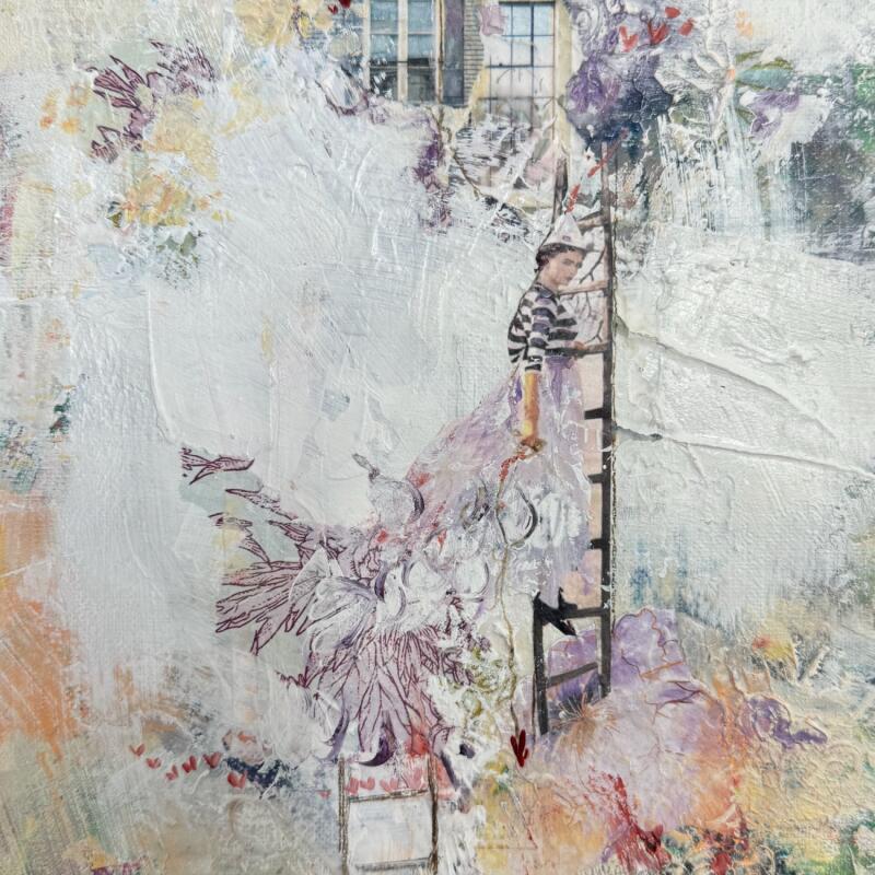 Painting Scaling New Heights by Bergeron Marie-Josée | Painting Surrealism Acrylic Gluing Posca Pastel Paper