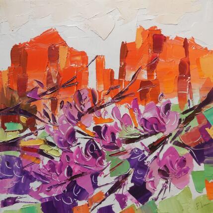 Painting Spring flowers in red rocks by Lunetskaya Elena | Painting Figurative Oil Landscapes, Minimalist, Nature