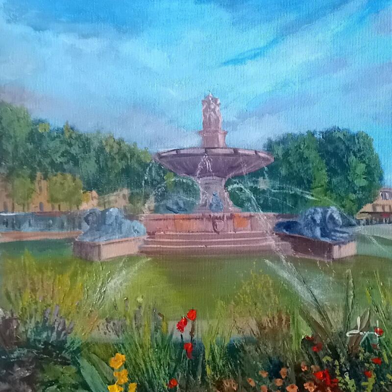 Painting Fontaine fleurie de la rotonde à Aix  by Degabriel Véronique | Painting Figurative Landscapes Oil