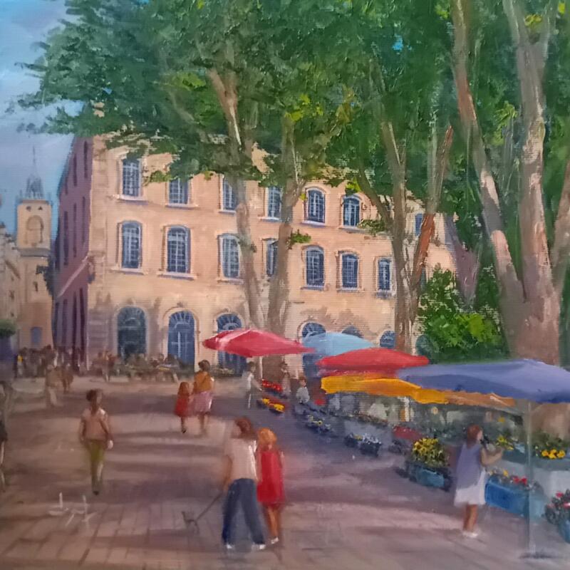 Peinture Marché aux fleurs place Richelme à Aix  par Degabriel Véronique | Tableau Figuratif Paysages Huile