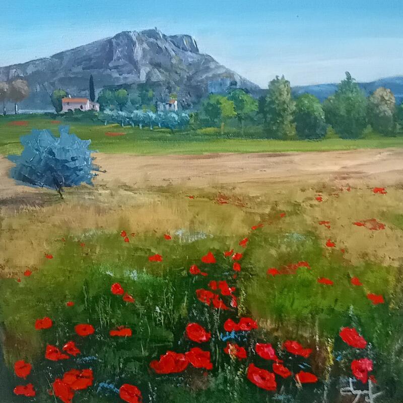 Peinture Champs de coquelicots près de la montagne Ste Victoire  par Degabriel Véronique | Tableau Figuratif Paysages Huile
