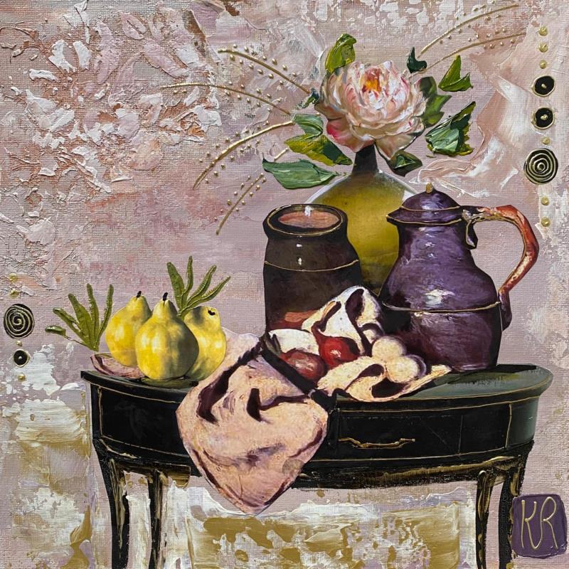 Painting L’été du sud  by Romanelli Karine | Painting Figurative Still-life Acrylic Gluing Posca Pastel Gold leaf Paper