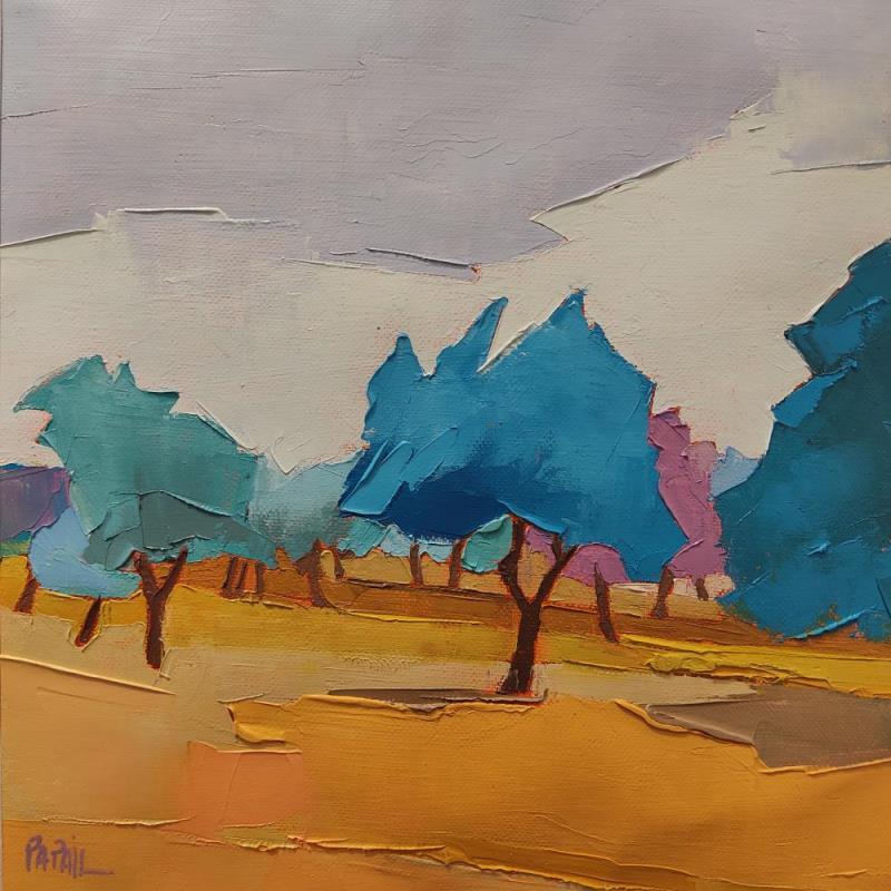 Peinture Le verger en bleu par PAPAIL | Tableau Abstrait Paysages Huile