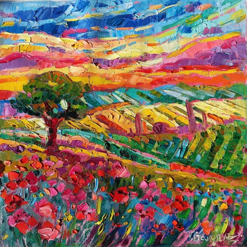 Peinture Flowers field at sunset  par Georgieva Vanya | Tableau Figuratif Paysages Huile