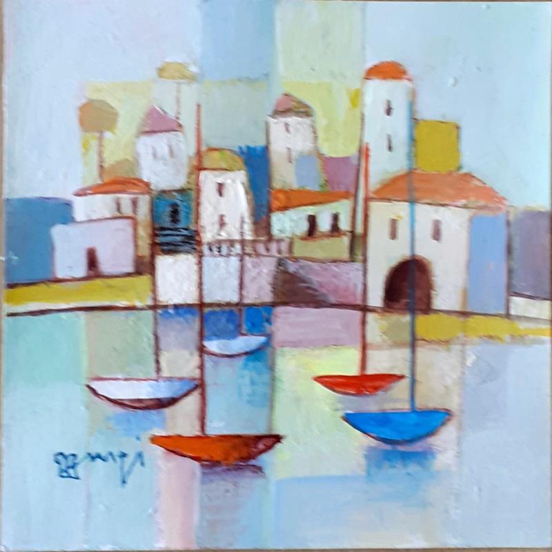 Peinture AO172 LE VILLAGE BLANC par Burgi Roger | Tableau Figuratif Paysages Urbain Marine Acrylique