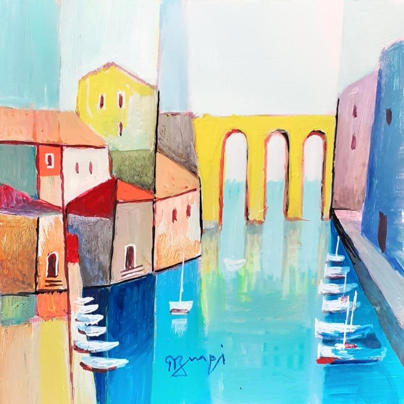 Painting AQ98 LE PONT JAUNE by Burgi Roger | Painting Figurative Landscapes Urban Marine Acrylic