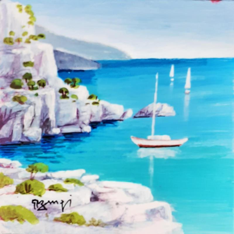 Peinture AQ105 LE BATEAU BLANC par Burgi Roger | Tableau Figuratif Paysages Marine Nature Acrylique