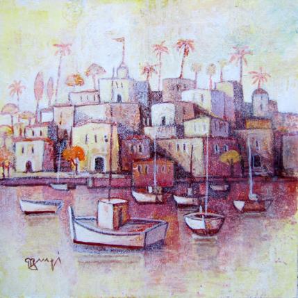 Painting AN128 LA VILLE ROSE by Burgi Roger | Painting Figurative Acrylic Landscapes, Marine, Pop icons, Urban