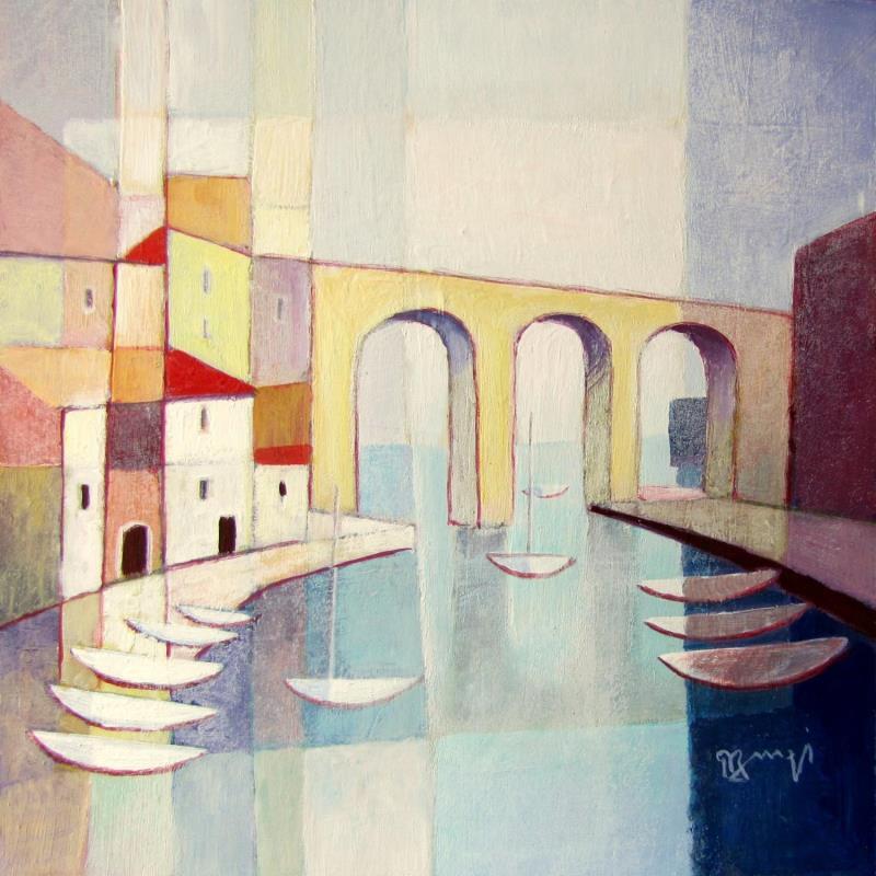 Painting AN229 LE PONT JAUNE by Burgi Roger | Painting Figurative Landscapes Urban Marine Acrylic