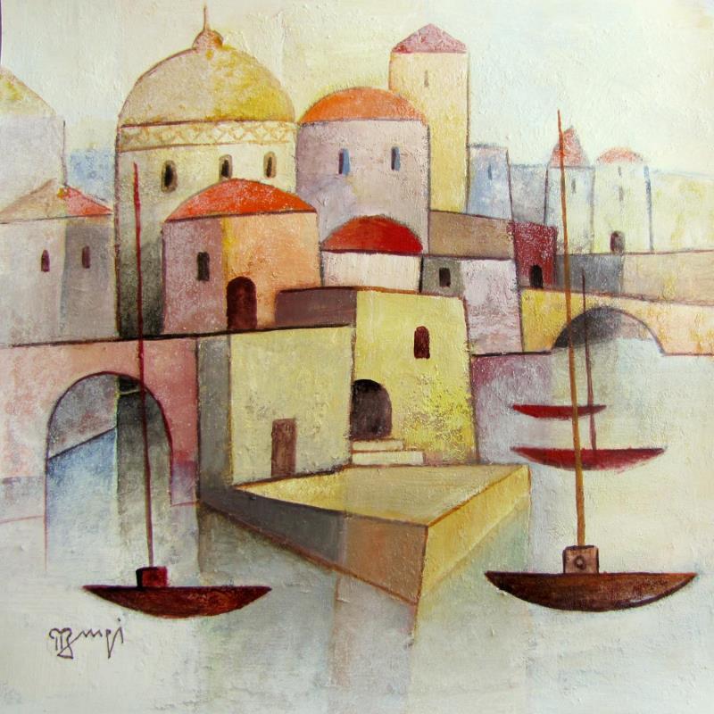 Painting AO24 LES DEUX PONTS by Burgi Roger | Painting Figurative Landscapes Urban Marine Acrylic