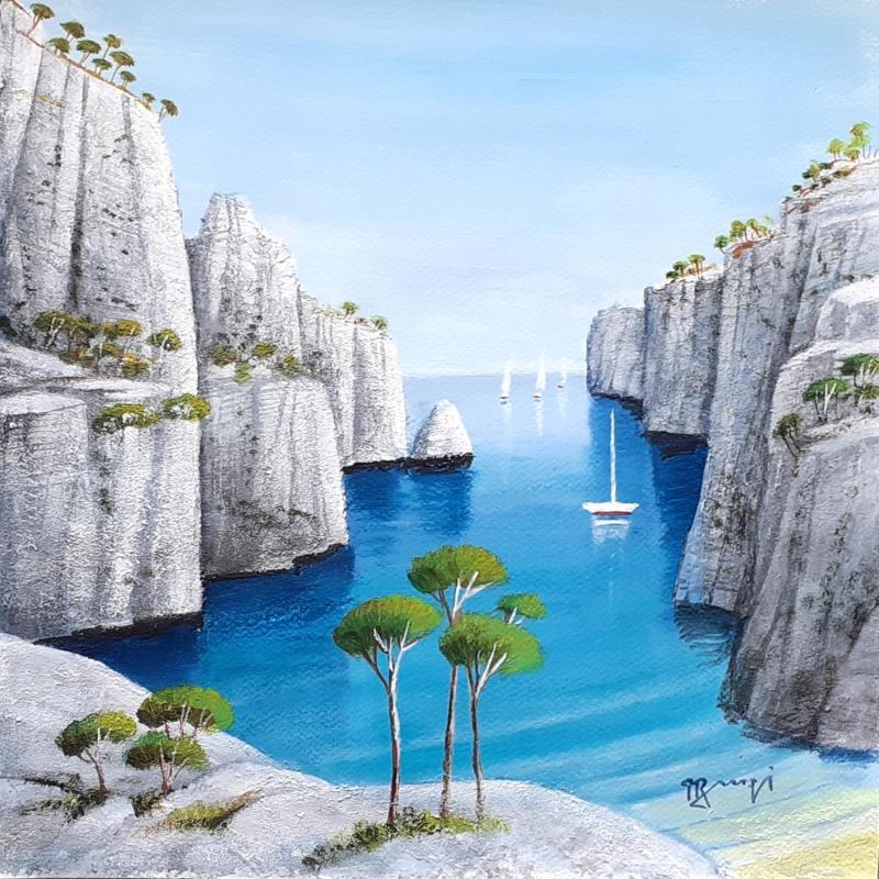 Peinture AQ48 CALANQUE AUX TROIS PINS par Burgi Roger | Tableau Figuratif Paysages Marine Nature Acrylique