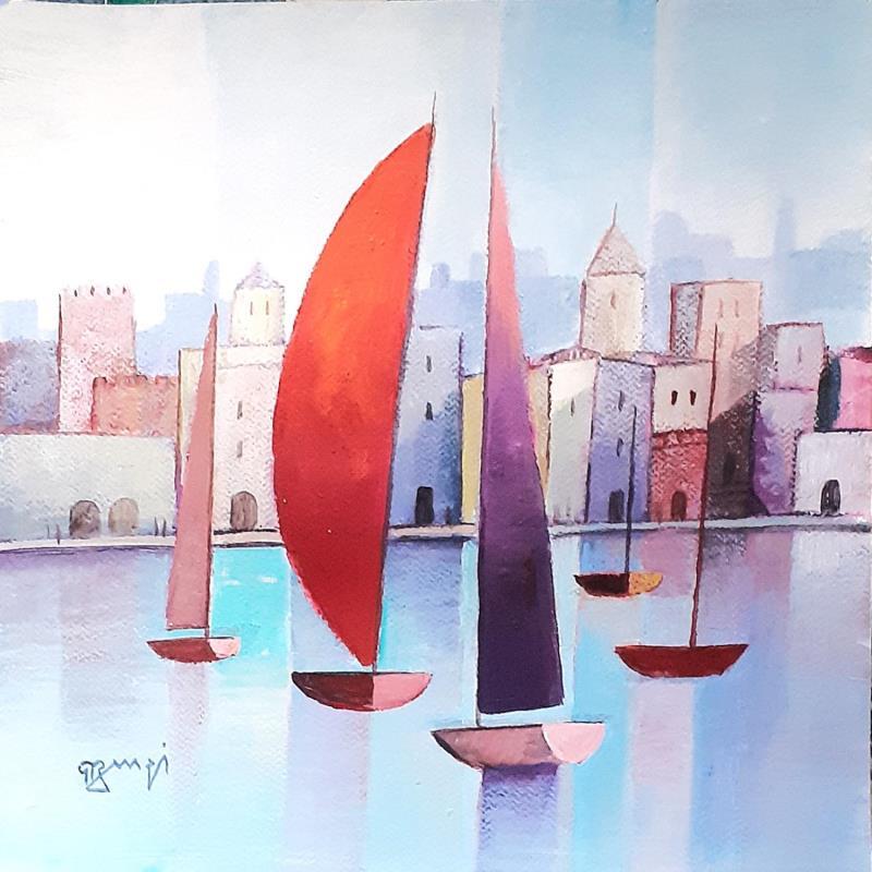 Painting AR56 LA VOILE ROUGE by Burgi Roger | Painting Figurative Landscapes Urban Marine Acrylic