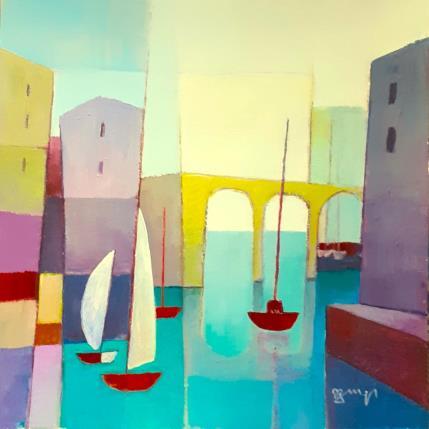 Painting ar54  voiliers et pont jaune by Burgi Roger | Painting Figurative Acrylic Landscapes, Marine, Urban