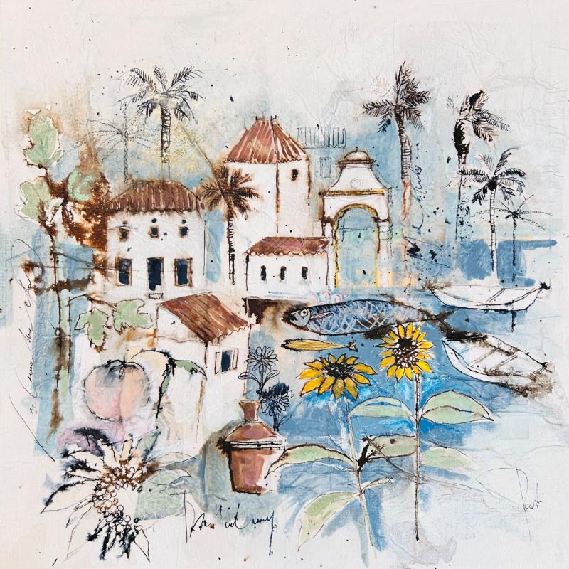 Painting Délicatesse en bleu by Colombo Cécile | Painting Naive art Landscapes Life style Watercolor Acrylic Gluing Ink Pastel