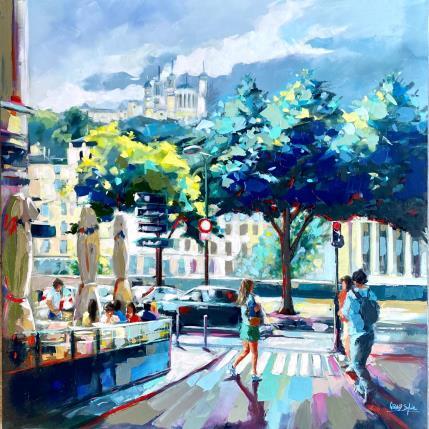 Peinture Vue sur Fourvière par Gérard Sylvie  | Tableau Figuratif Acrylique Paysages, Scènes de vie, Urbain