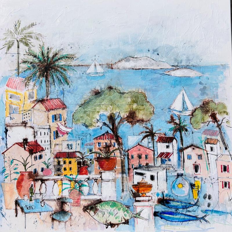 Gemälde Galerie en pleine mer von Colombo Cécile | Gemälde Naive Kunst Landschaften Alltagsszenen Natur Aquarell Acryl Collage Tinte Pastell