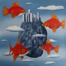 Painting Rock flying by Trevisan Carlo | Painting Surrealism Oil Nature