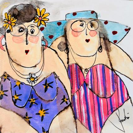 Painting Marcelle et noelle by Colombo Cécile | Painting Naive art Acrylic, Gluing, Ink, Pastel, Watercolor Portrait