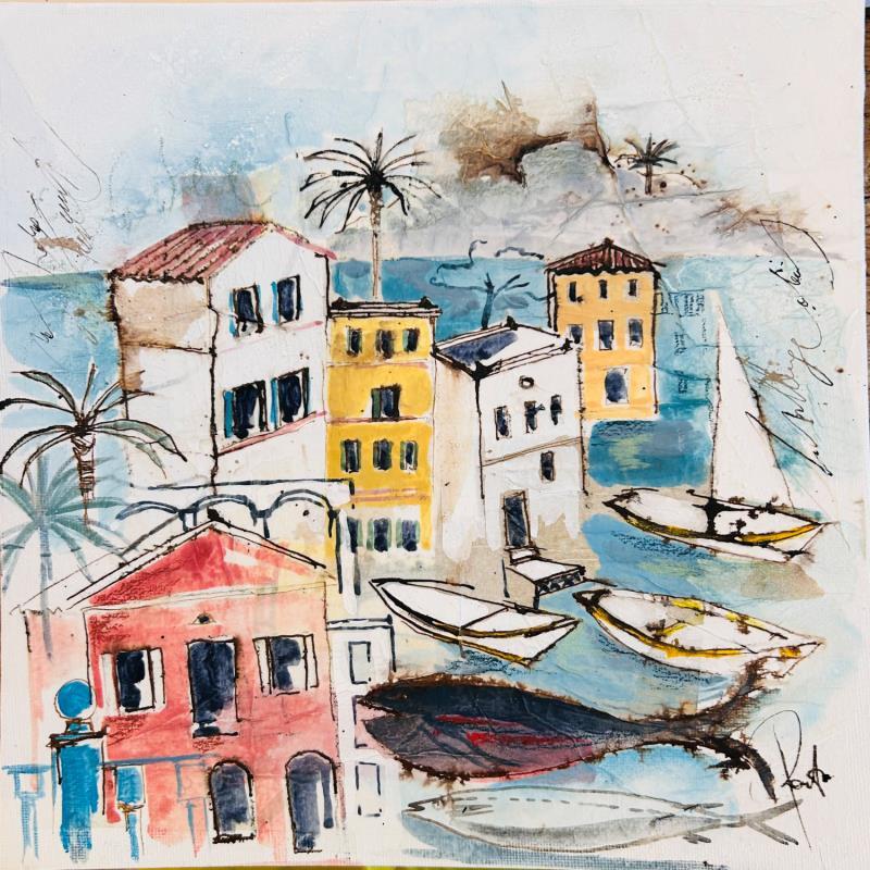 Gemälde Les mystères d ' un port von Colombo Cécile | Gemälde Naive Kunst Landschaften Marine Alltagsszenen Aquarell Acryl Collage Tinte Pastell