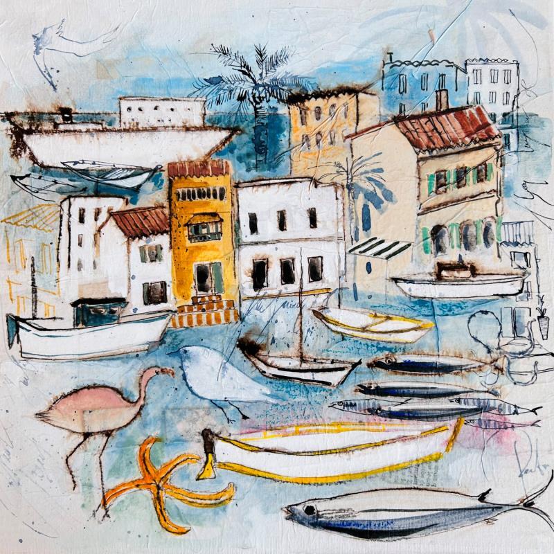 Painting Le flamand rose et l' étoile de mer by Colombo Cécile | Painting Naive art Marine Nature Life style Watercolor Acrylic Gluing Ink Pastel