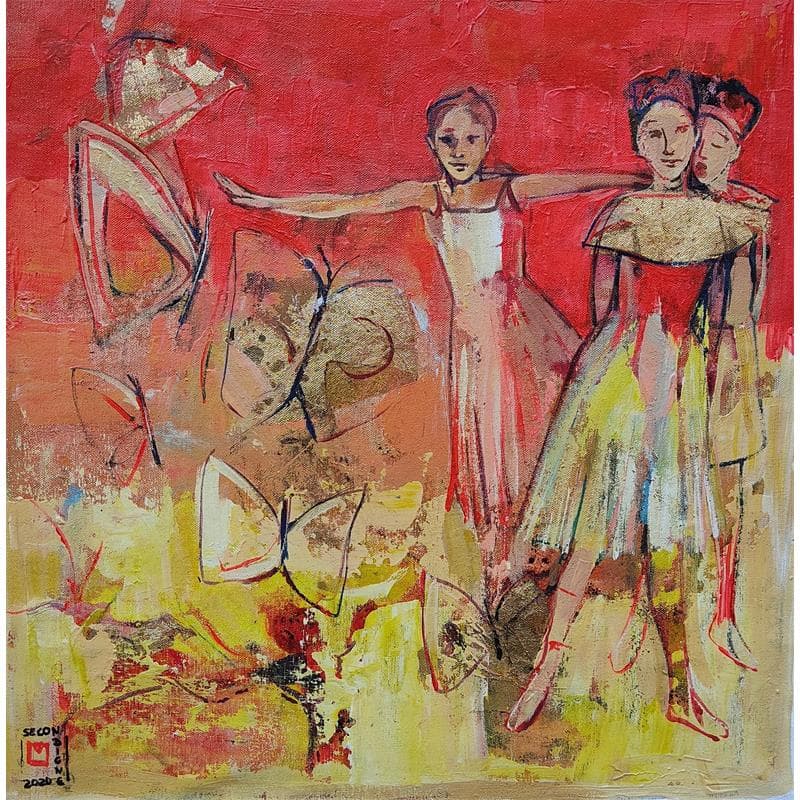 Peinture Les filles et les papillons par Machi | Tableau Figuratif Scènes de vie Huile Acrylique