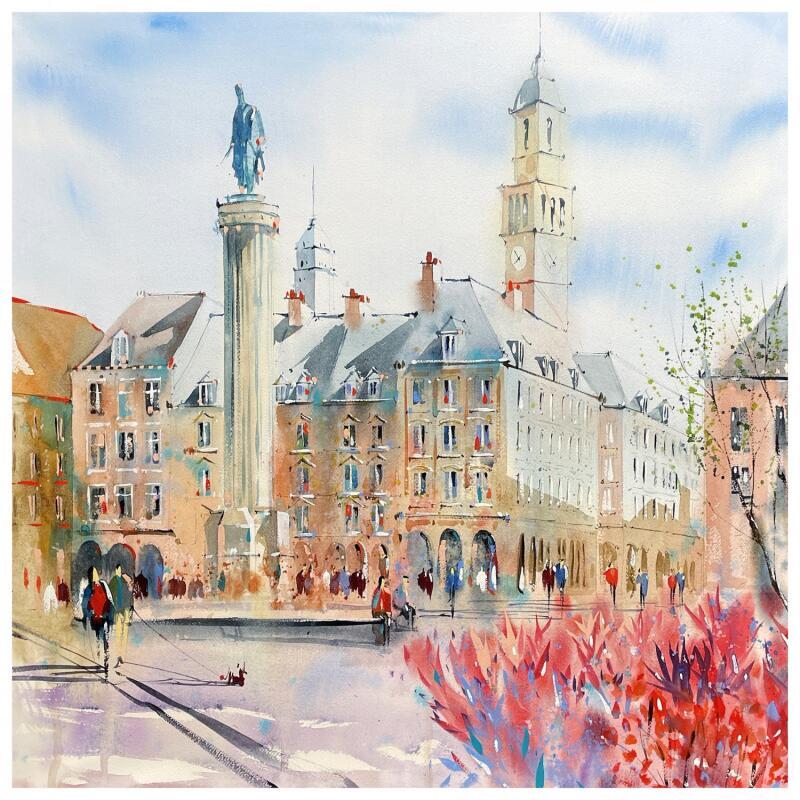 Gemälde Le charme enchantée de la Grand'Place fleurie von Bailly Kévin  | Gemälde Figurativ Urban Architektur Aquarell Tinte