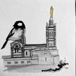Peinture La mésange de la garde par Mü | Tableau Figuratif Encre, Feuille d'or Animaux, Architecture, Noir & blanc