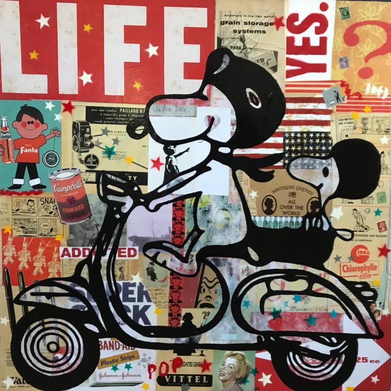 Painting Snoopy and Woodstock vespa by Kikayou | Painting Pop-art Pop icons Graffiti Acrylic Gluing