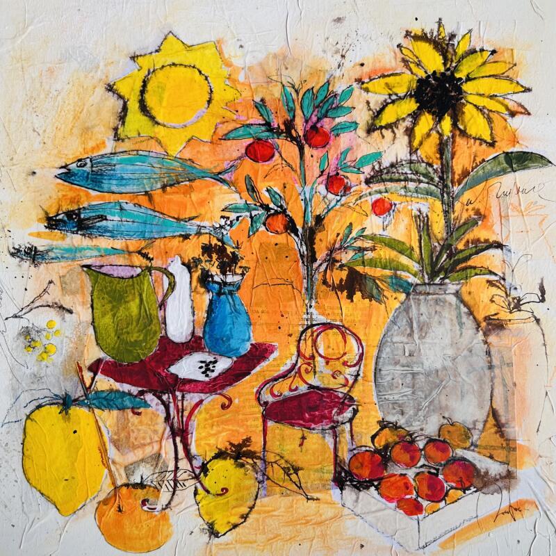 Painting Barcelona orange by Colombo Cécile | Painting Naive art Landscapes Nature Life style Watercolor Acrylic Gluing Ink Pastel