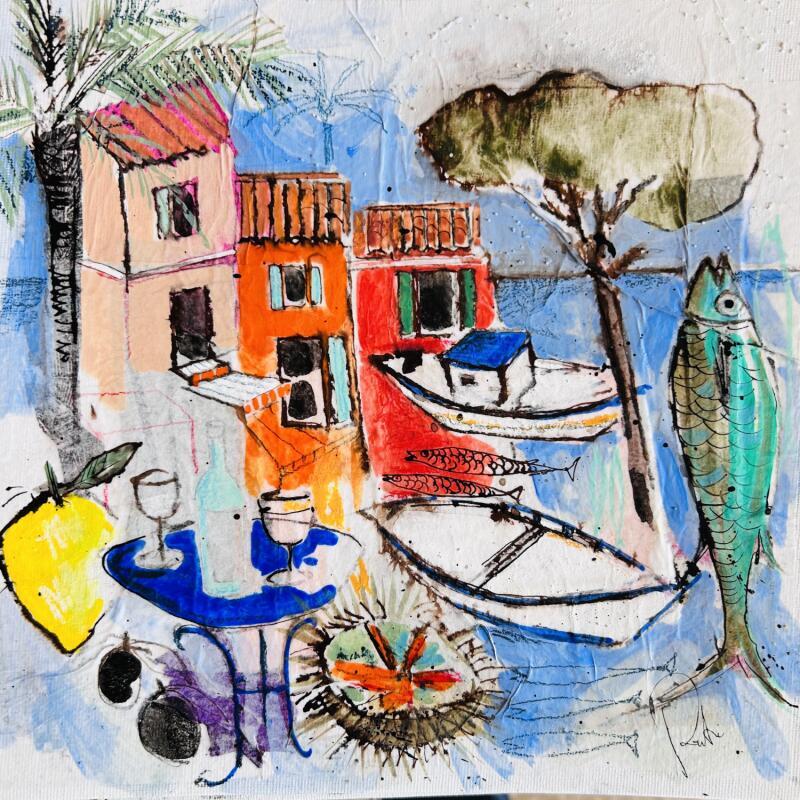 Gemälde Encrage marin von Colombo Cécile | Gemälde Naive Kunst Landschaften Natur Alltagsszenen Aquarell Acryl Collage Tinte Pastell