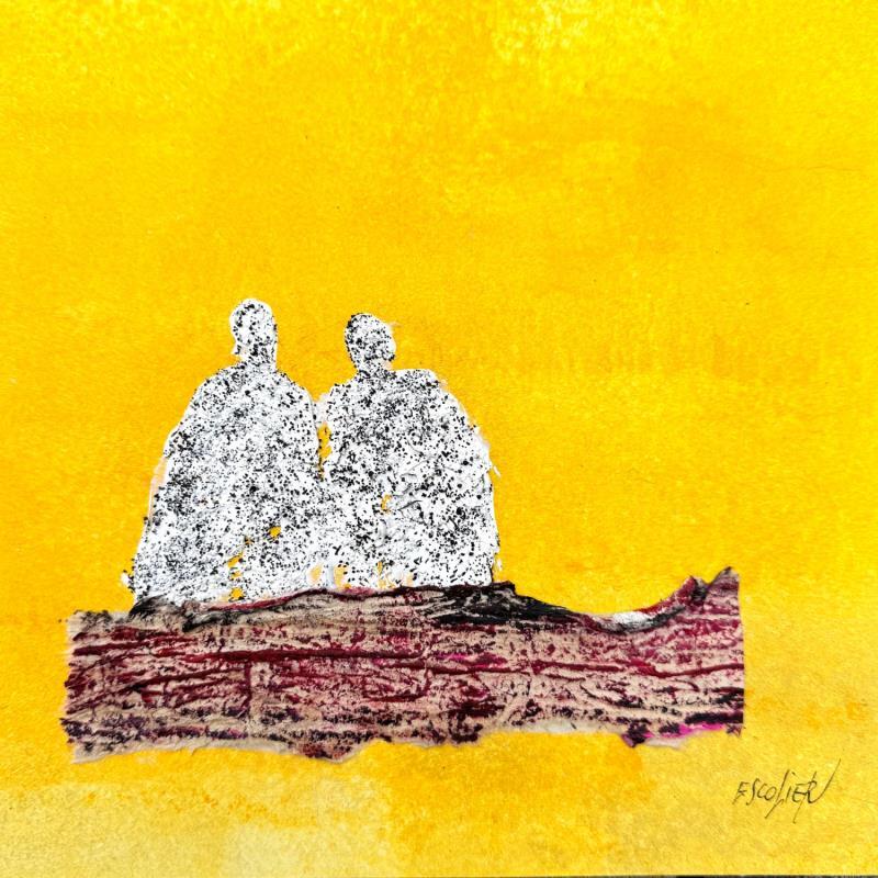 Painting Pause végétale by Escolier Odile | Painting Figurative Society Life style Minimalist Cardboard Acrylic Sand Pigments