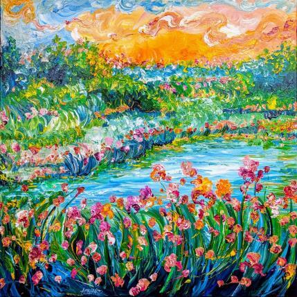 Painting Irises at the water's edge by Amblard Florence | Painting Impressionism Acrylic Nature