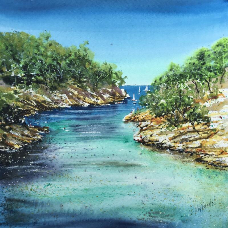 Painting Baignade à la calanque  by Hoffmann Elisabeth | Painting Figurative Marine Watercolor