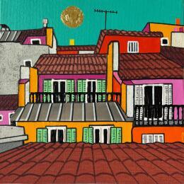 Painting Le Sud by Lovisa | Painting Pop-art Acrylic, Gluing, Gold leaf, Paper, Posca, Textile, Upcycling Urban